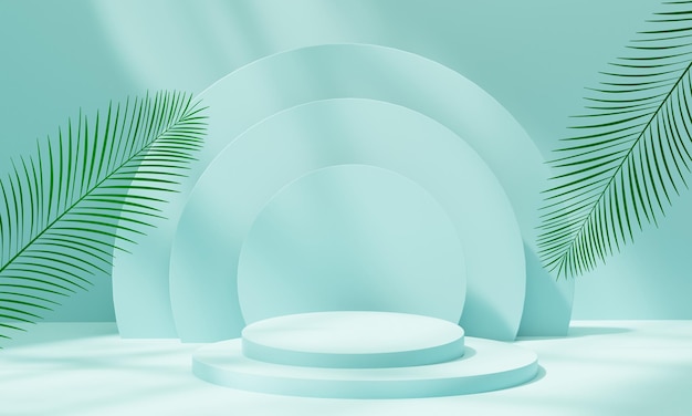 White podium on pastel blue background with palm leaves and sunlight elements 3D rendering illustration