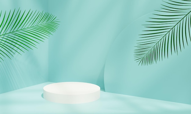 Белый подиум на пастельно-голубом фоне с пальмовыми листьями и солнечными элементами 3D-илюстрация