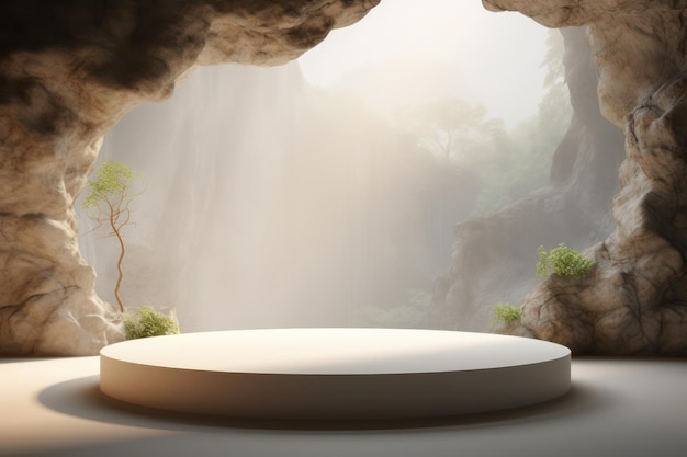 White podium platform in the middle of a cave