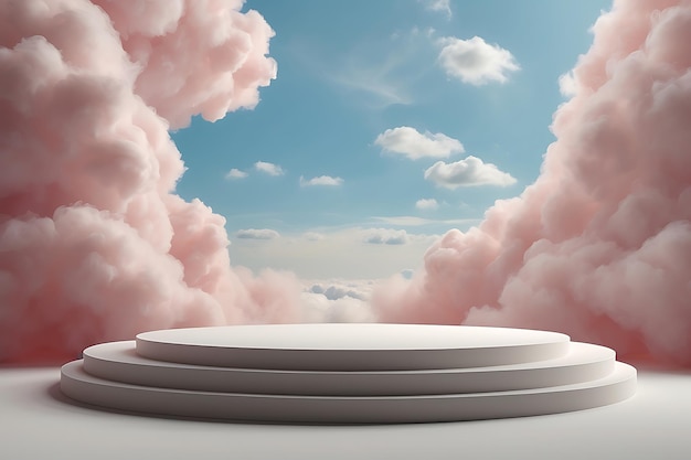 空に雲がある製品プレゼンテーションのための白いポディウム