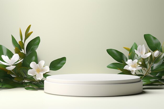 White podium for product presentation with green leaves ai generated