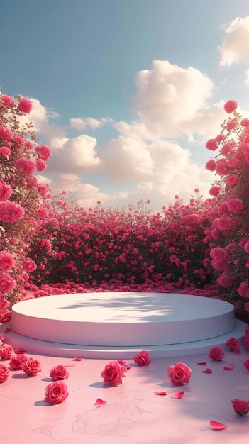 Белый подиум на красных розах сад под летним вечерним небом Вертикальные мобильные обои