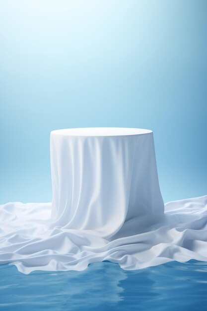 白いポディウムが波紋のある白い布と澄んだ青い水面の背景に設置されています