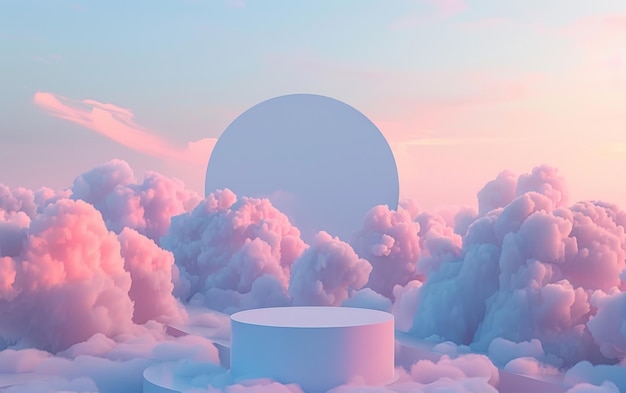 A white podium stands amidst a sea of pinkhued clouds touched by the warm glow of a sunset creating a surreal environment for product displays
