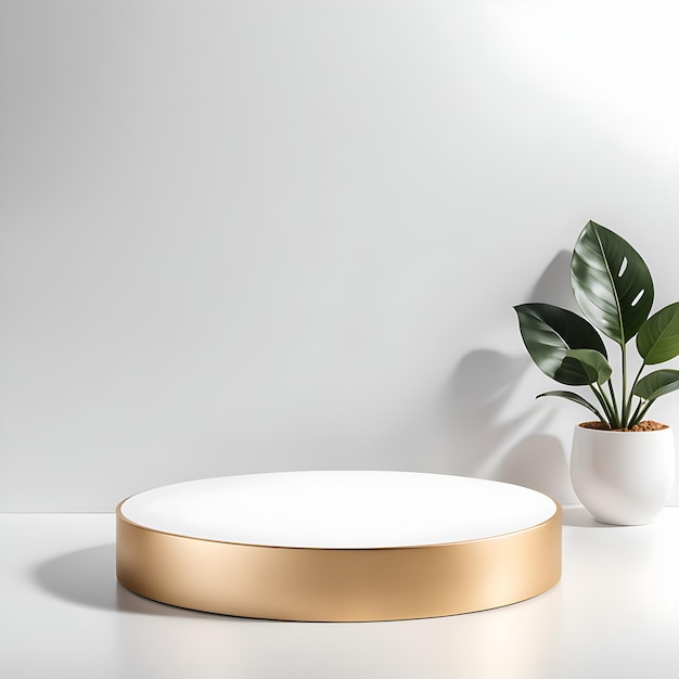 white podium in white room with green plant on the wall