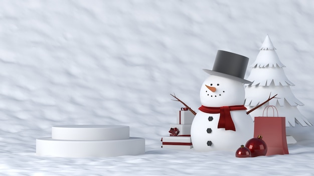 White podium in winter with Christmas decorations