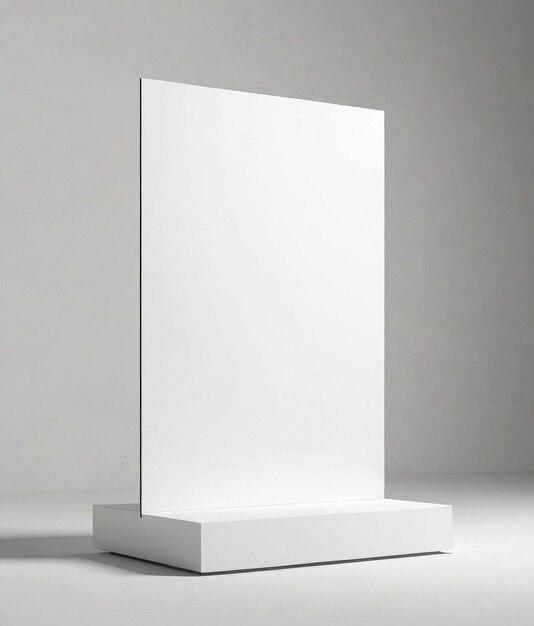 a white podium with a blank sign on it