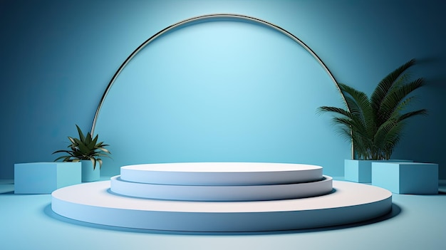 a white podium with a blue background and a white pedestal with a palm tree on it.