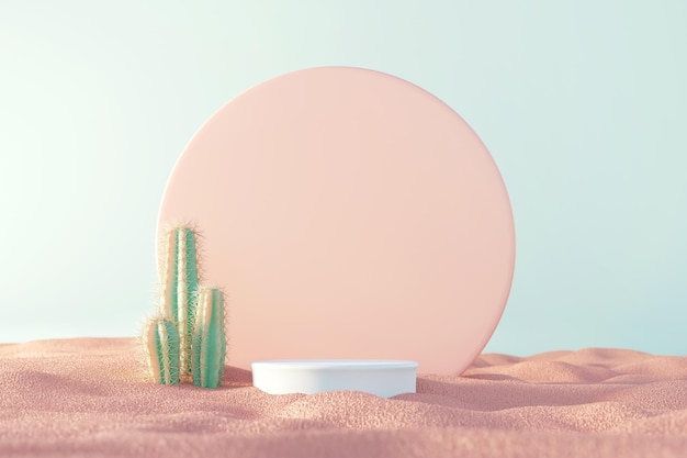 White Podium with cactus on sand beach