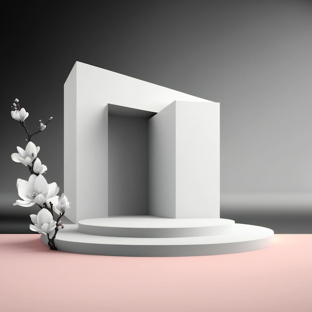 A white podium with a flower on it and a white flower on the right.