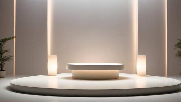 白いポディウムでやかな沢な照明 3D 形状 製品の展示 プレゼンテーション 壁の最小限