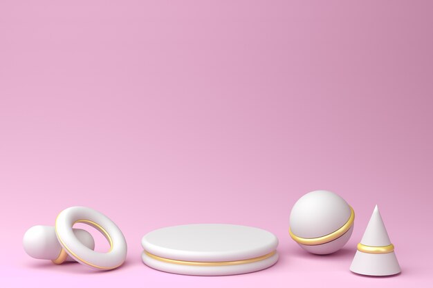 White podium with gold accents on pastel pink background, 3d render