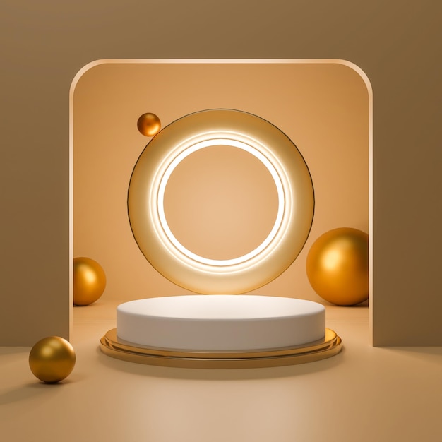 White podium with gold in a room with neon and golden balls, a demonstrative background for products