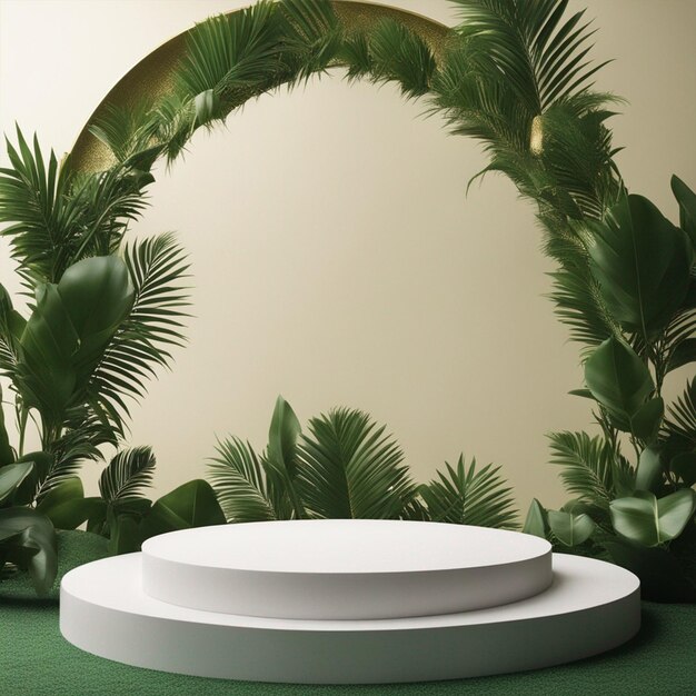 White Podium With Green Tropical Palm Leaves And a Golden Round Arch On a Green Wall Background