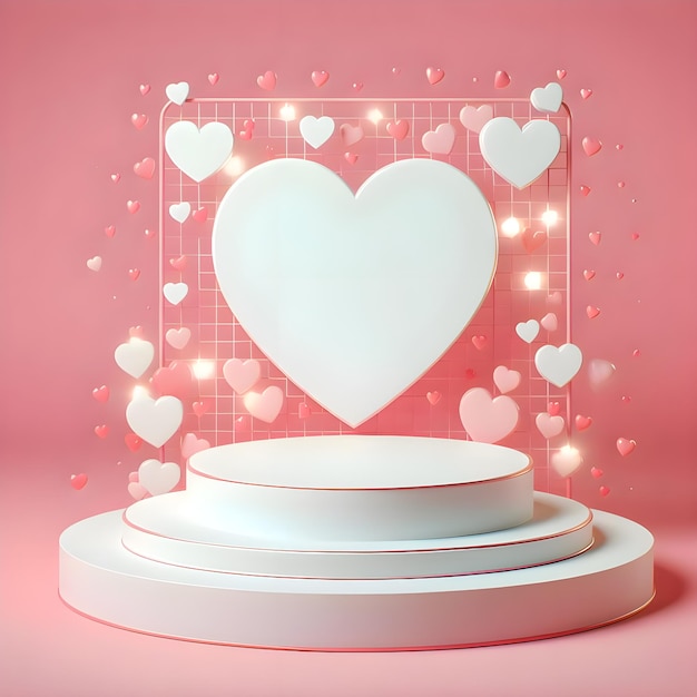 Foto podio bianco con cuori stand di esposizione di prodotti romanticismo piattaforma d'amore su sfondo rosa