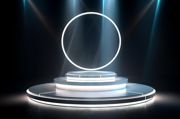 White podium with light beams in the style of circular shapes Generative ai