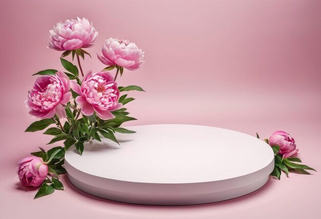 white podium with pink peonies on pink background for advertising and presentation of products