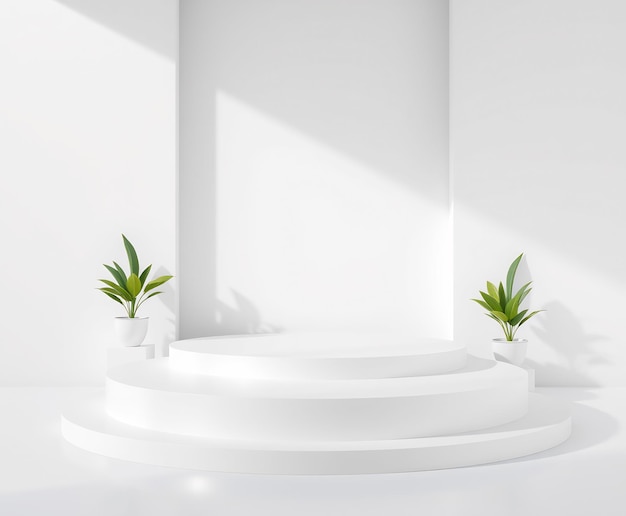 white podium with plants and sunlight