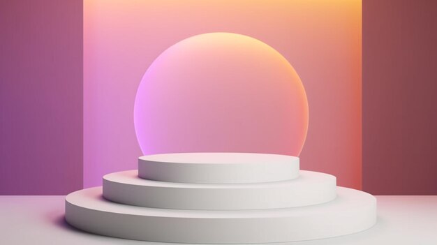 A white podium with a purple and orange background and a round ball in the middle.