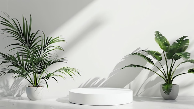 White podium with tropical leaves on the white background 3d rendering