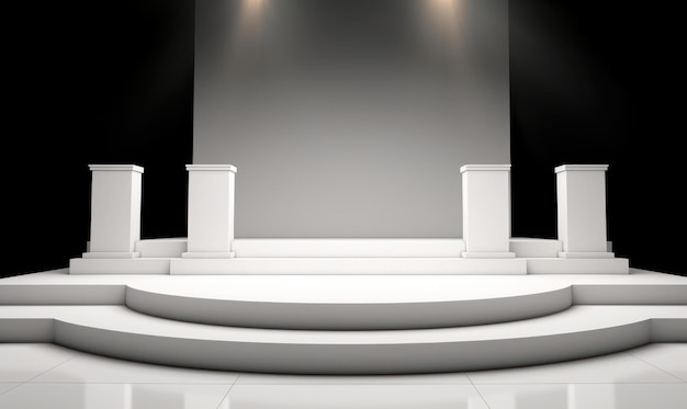 A white podium with two white podiums in front of a white backdrop.