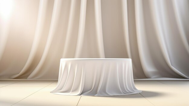 white podium on wooden floor and curtain background