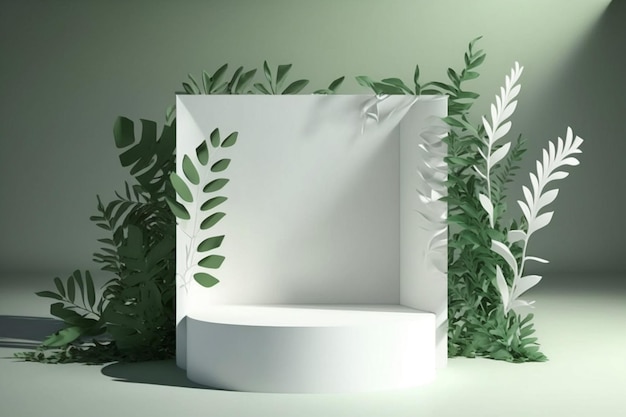 white podiumproduct with a plant in the middle and green background