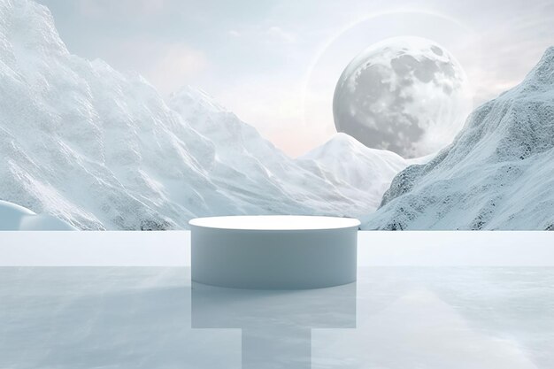 Белые подиумы для экспозиции продуктов на зимнем фоне с горами и луной