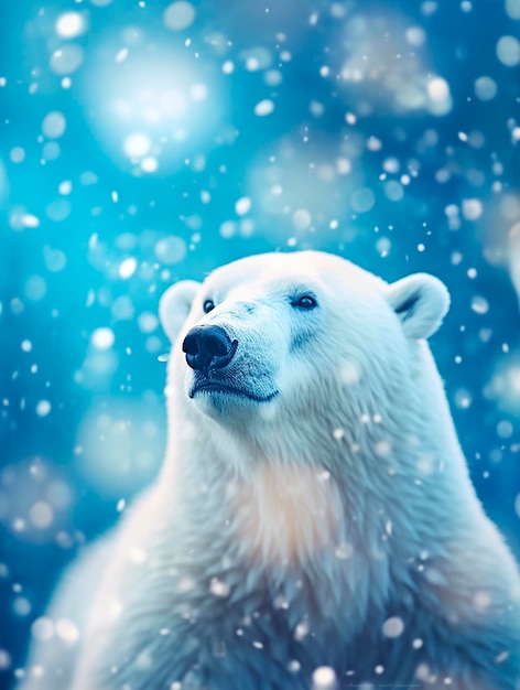 White polar bear on the background of the blue sky Snowfall