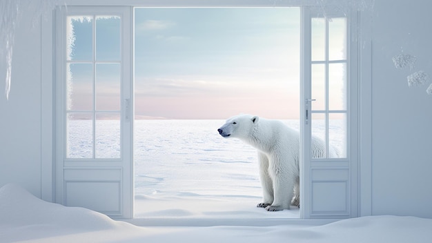 窓の背景にある白い北極熊