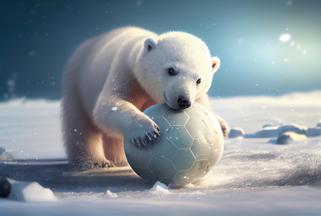 White polar bear cub playing football in snowy landscape background Animal and sport concept Generative AI