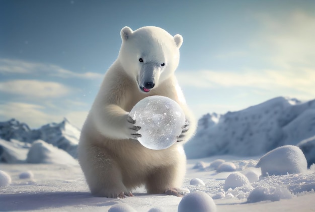 White polar bear cub playing snowball in the north pole Animal and Seasonal concept Generative AI