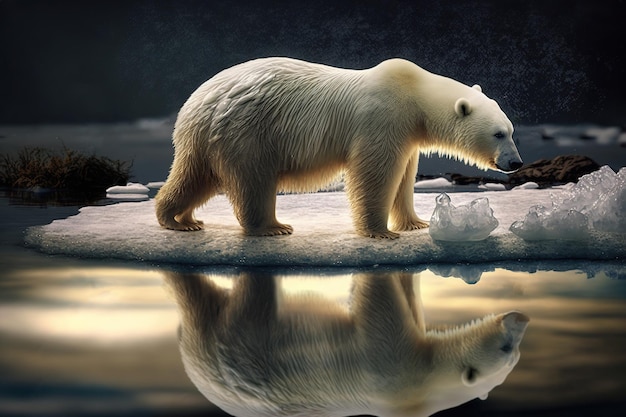 White polar bear on melted glacier puddle and icicles