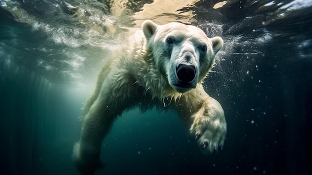 Белый белый медведь плавает под водой