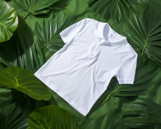 Photo white polo shirt mockup with monstera leaves