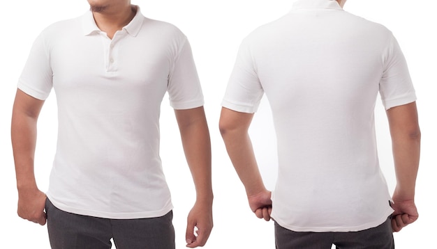 White polo tshirt mock up front and back view isolated Male model wear plain white shirt mockup