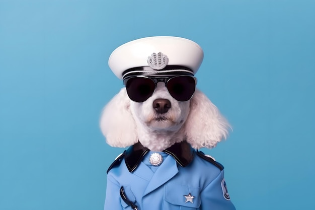 Foto un barboncino bianco in uniforme da polizia e occhiali da sole guarda la telecamera un cane giocoso è divertente