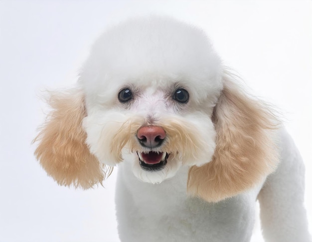 Photo a white poodle with brown hair on its ears and a pink nose