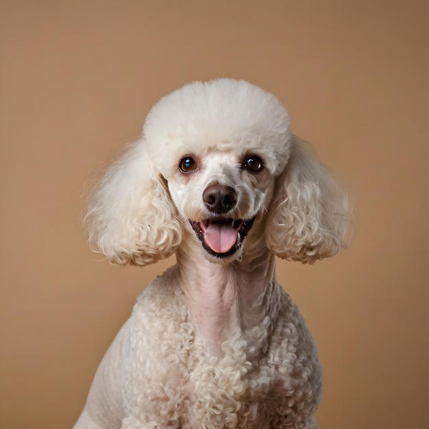 A white poodle with fluffy fur looks forward wearing a leather collar against a background of beig