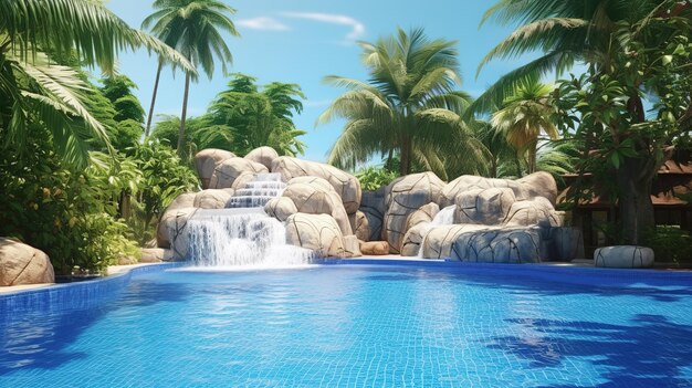 White pool tiled under bright blue water palm trees and a spring garden Generative AI