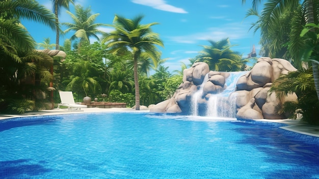 White pool tiled under bright blue water palm trees and a spring garden Generative AI