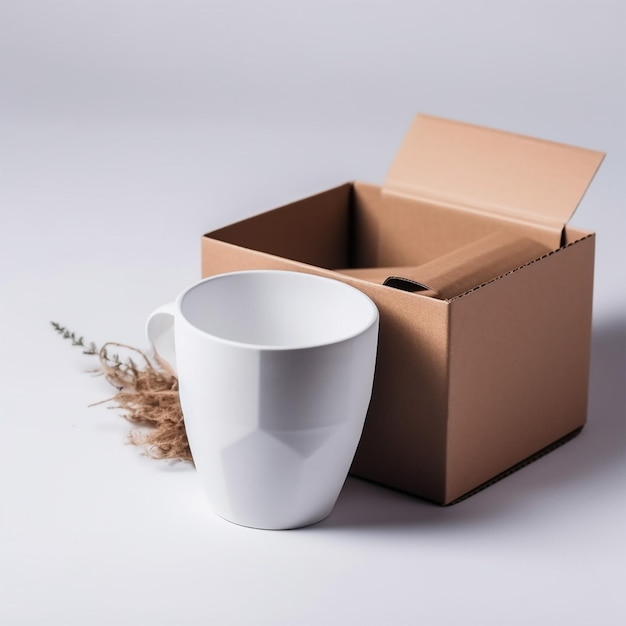 Photo white porcelain cup and brown craft cardboard box