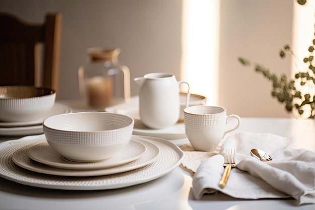 White porcelain dinnerware dishes are displayed on a tablecloth in a domestic kitchen