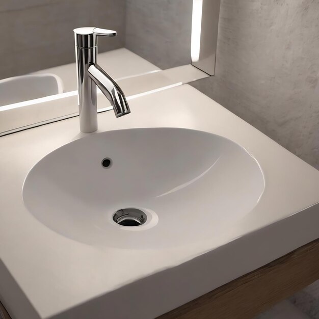 White porcelain sink hanging on the wall in a simple bathroom