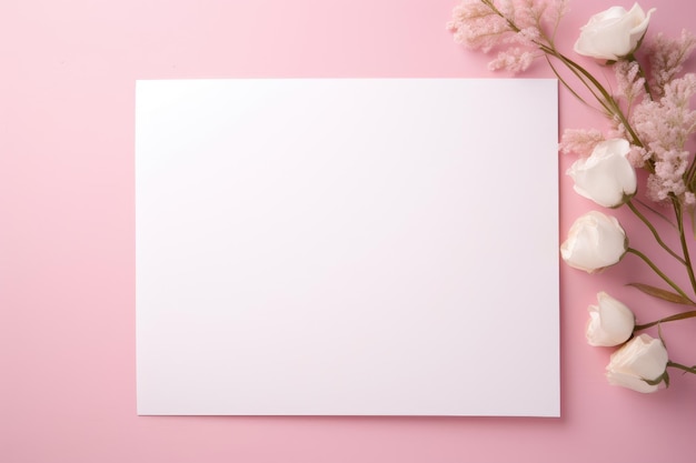 A white postcard with a flower branch lies on a pink background a place for text