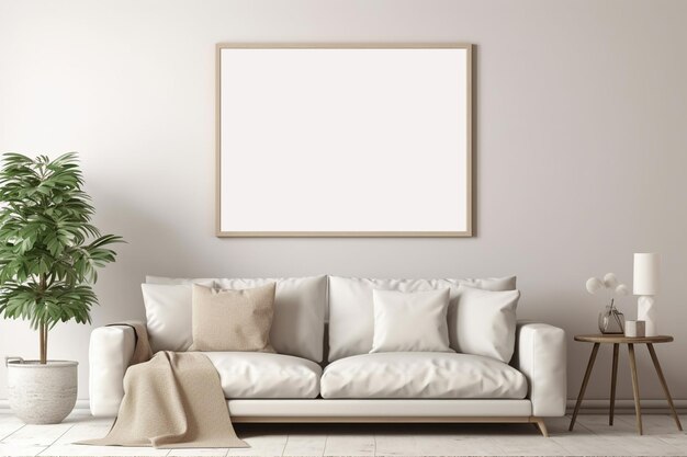 White poster mockup with wooden frame living room