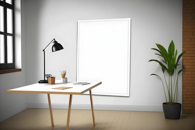 A white poster on a wall that says " a desk ".