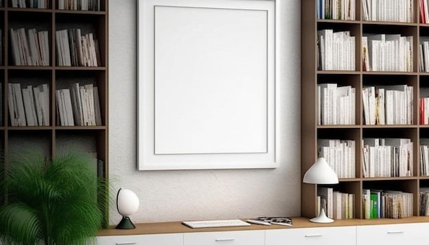 White poster on a wall with blank frame mockup Generative AI