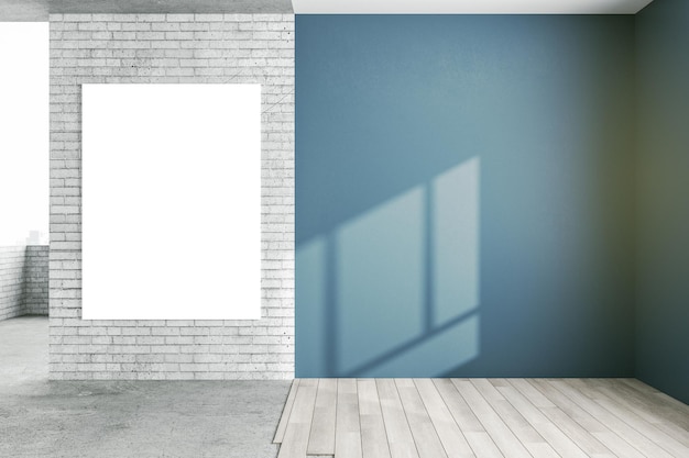 White poster with copyspace for your logo on brick wall and\
sunny blue wall with wooden floor on the right 3d rendering\
mockup