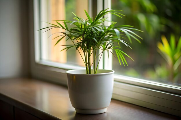 Photo white pot with bamboo palmreed palm on windowsill